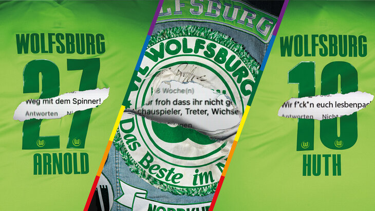 Eine Grafik zum Thema Hassrede mit den Trikots von Maximilian Arnorld und Svenja Huth im Hintergrund.