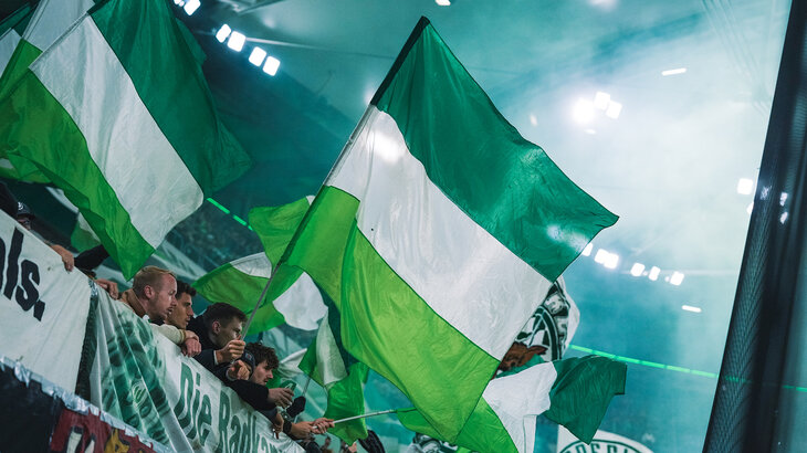 Fans des VfL-Wolfsburg stehen auf der Tribüne und schwenken grün-weiße Fahnen.