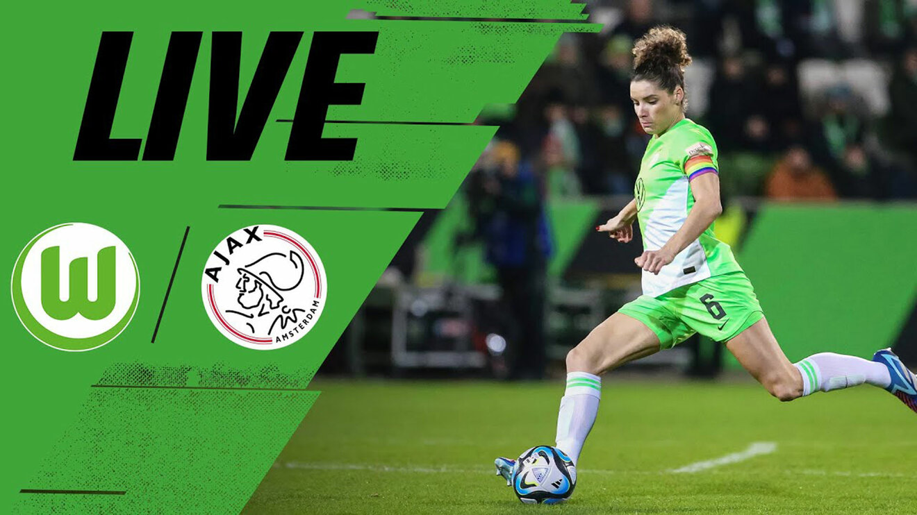 VfL-Wolfsburg-Spielerin Dominique Janssen schießt den Ball. Daneben der Schriftzug Live sowie die Logos des VfL Wolfsburg und Ajax Amsterdam.