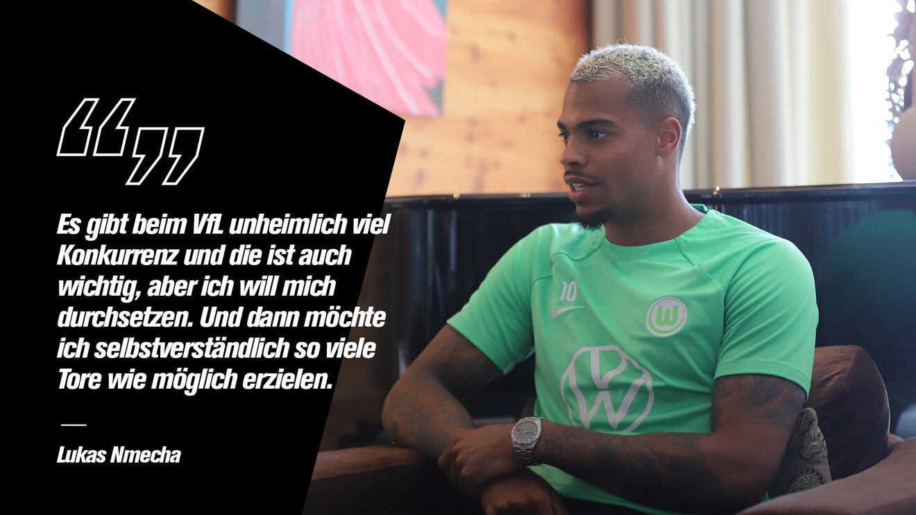 Eine VfL Wolfsburg-Grafik von Lukas Nmecha beim Interview.