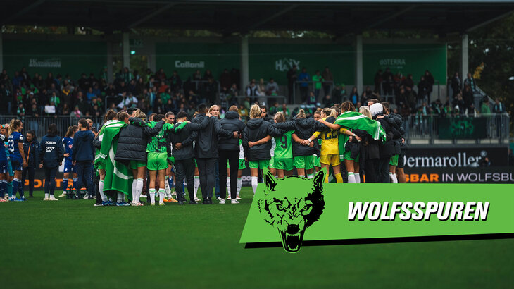 Eine Grafik, passend zu den "Wolfsspuren". Die Frauen des VfL Wolfsburg stehen nach dem Abpfiff gemeinsam in einem Kreis auf dem Platz des AOK-Stadions.