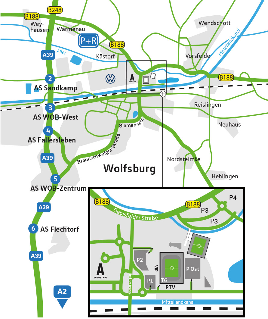 Anfahrtsbeschreibung zum VIP Parkplatz der Volkswagen Arena vom VfL Wolfsburg.