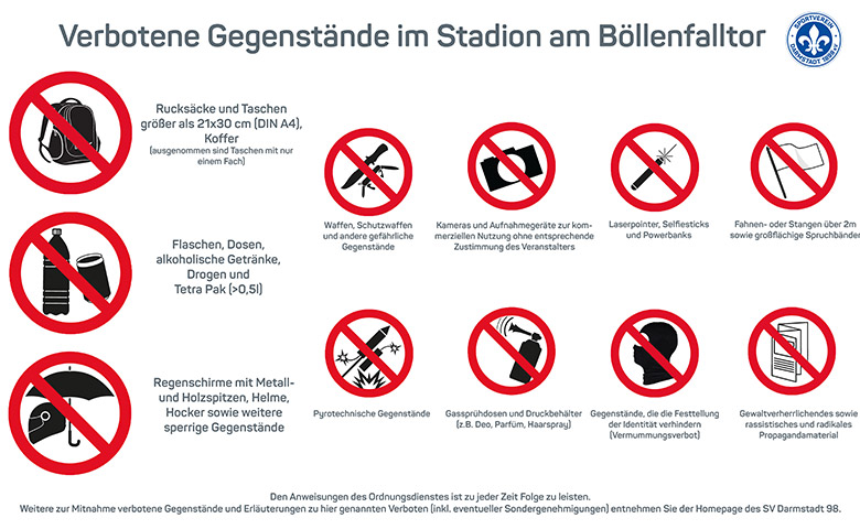 Eine Grafik, die verbotene Gegenstände im Stadion von Darmstadt aufzeigt.