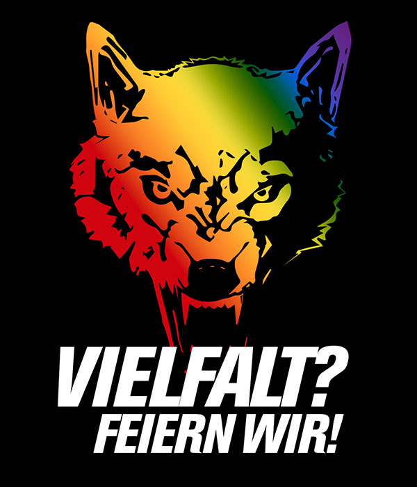 Das neue Banner des VfL-Wolfsburg. Unter dem bunten Wolf steht Vielfalt, feiern wir.