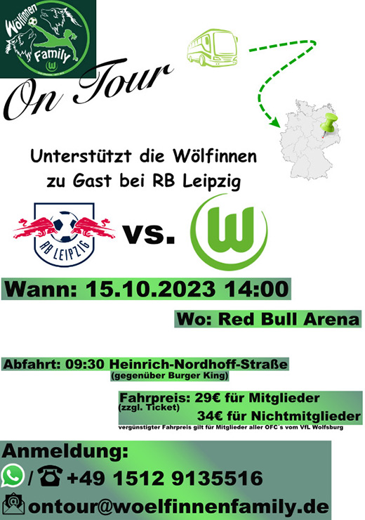 Eine Grafik, die für die Auswärtsfahrt zum Spiel der Frauen des VfL Wolfsburg gegen RB Leipzig wirbt.
