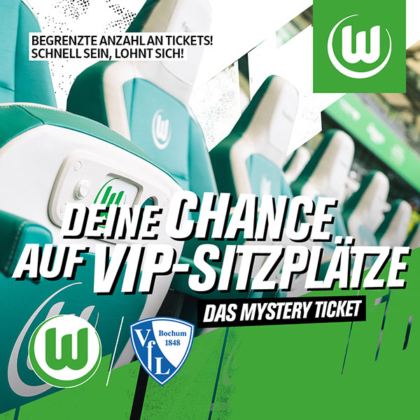 Die Grafik fürht zum Ticketshop der Wölfe und bewirbt die "Mystery-Tickets" für die Spiel der Männer gegen den VfL Bochum in der Bundesliga.