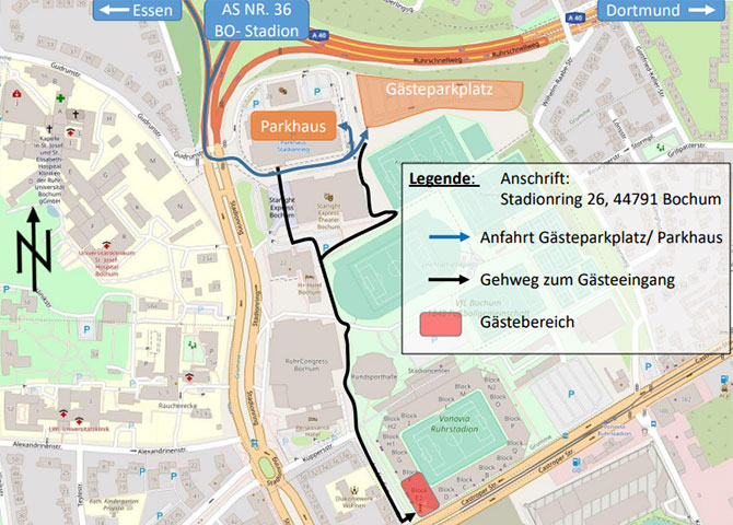 Ein Ausschnitt einer Landkarte mit dem eingezeichneten Weg für die Anreise zum Stadion von VfL Bochum.