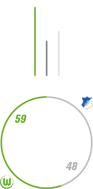 Eine Grafik, die besagt, dass der VfL Wolfsburg insgesamt 14 Mal gegen Hoffenheim gewonnen, neunmal verloren hat und siebenmal unentschieden geschpielt hat. Dabei hat der VfL Wolfsburg 59 Tore geschossen und 48 kassiert.