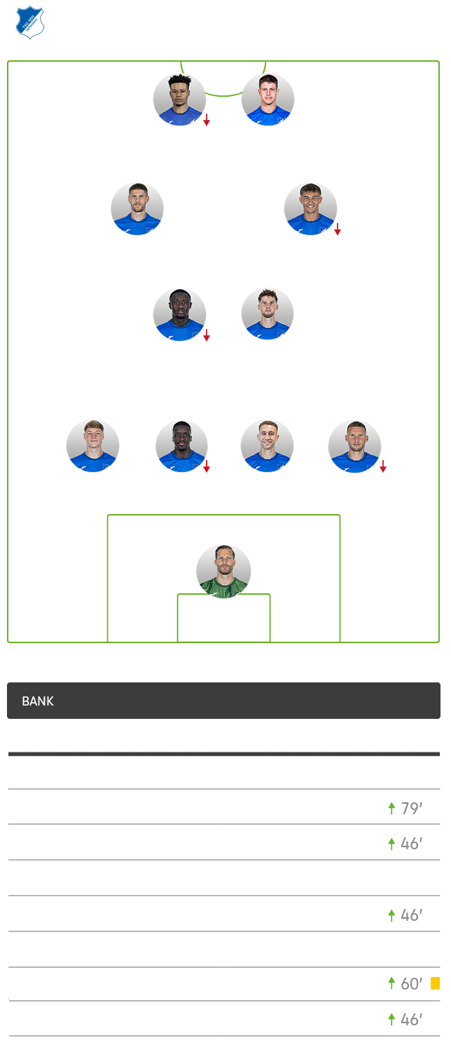 Die taktische Formation von Hoffenheim im Spiel gegen den VfL Wolfsburg im 4-2-2-2-System.