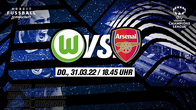 Die Logos des VfL Wolfsburg und des FC Arsenal vor blauem Hintergrund.