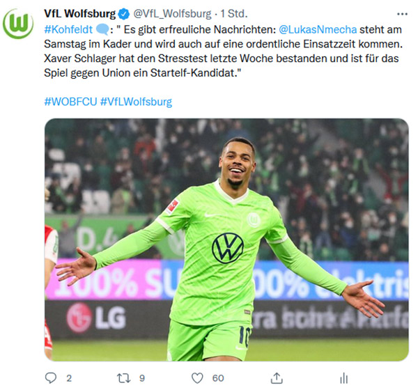 Eine Instagramgrafik mit VfL Wolfsburg Spieler Lukas Nmecha.