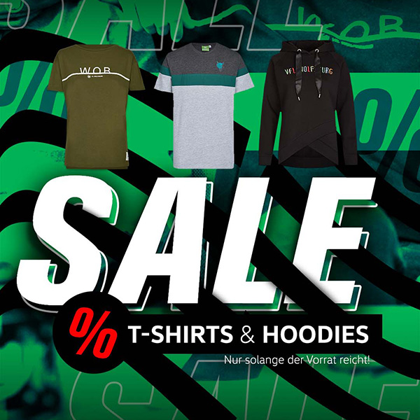 Eine VfL Wolfsburg Grafik zur Sale-Aktion für T-Shirts und Hoodies.