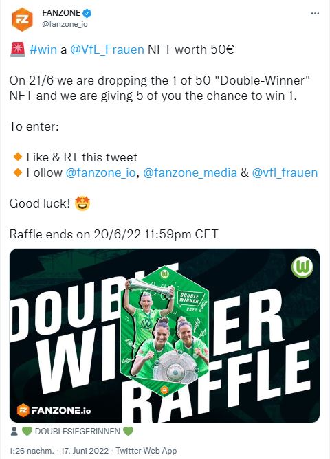 VfL Wolfsburg Frauen NFT Ankündigung (Screenshot) des FANZONE-Twitterkanals.