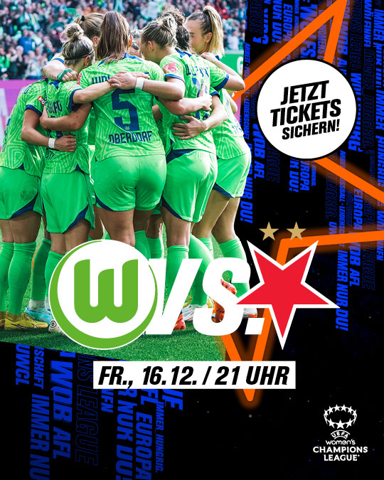 VfL Wolfsburg Frauen gegen Prag UWCL Ticket-Grafik mit den Wölfinnen jubelnd auf dem Platz.