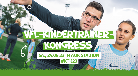VfL-Kindertrainer-Kongress Banner mit einen Trainer, der einem jungen Mädchen in VfL-Trainingsdress etwas erklärt.