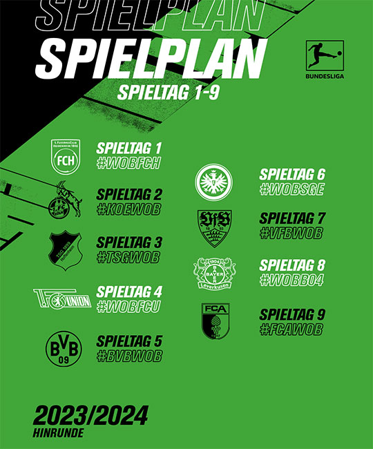 Spielplan des VfL Wolfsburg in der kommenden Saison 2023/24.