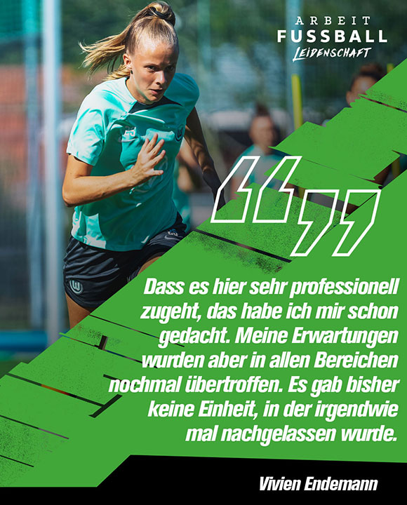 Vivien Endemann sprintet und über dem Bild ist eine Zitat-Grafik vom VfL Wolfsburg.