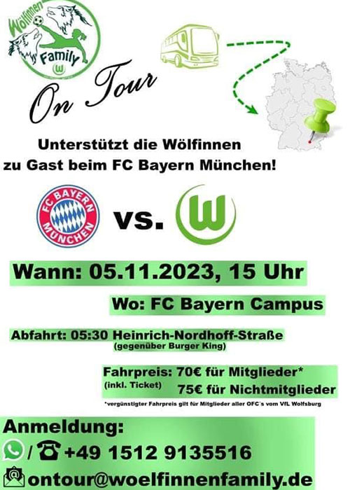 Ein Spieltagsaufruf zur Unterstützung der Wölfinnen beim FC Bayern München.