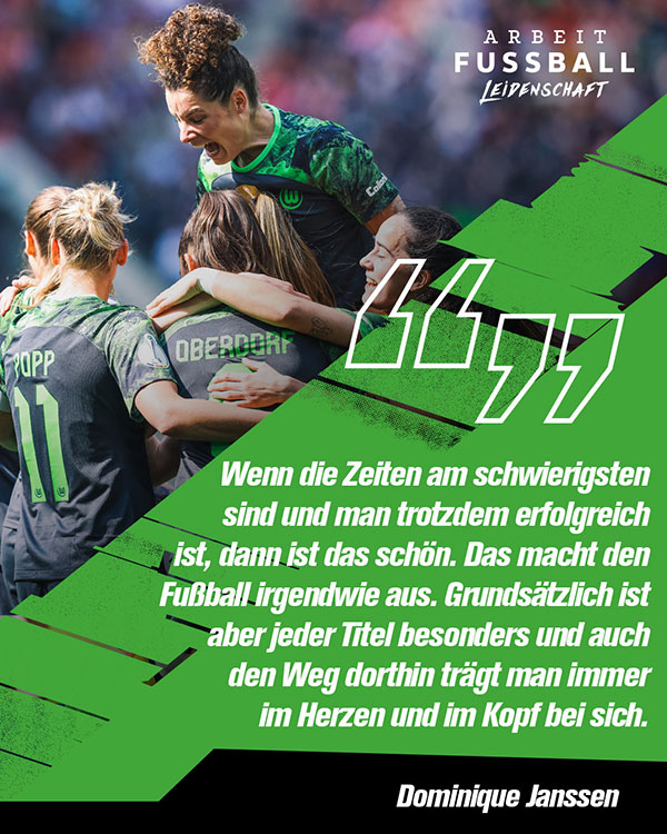Eine VfL-Wolfsburg-Grafik mit Dominique Janssen beim Jubel und einem Zitat von ihr.