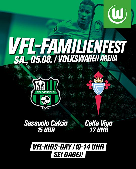 oben der Schriftzug VfL-Familienfest. Darunter die Logos von Sassuolo Calcio und Celta Vigo.