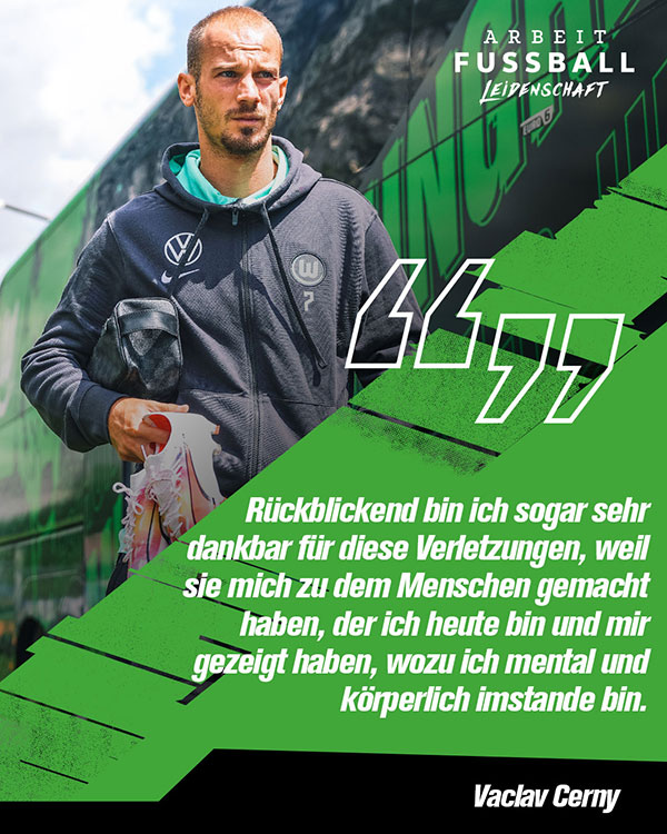 Eine Grafik mit VfL-Wolfsburg-Spieler Cerny und einem Zitat.