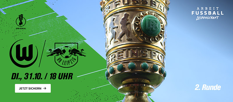 Eine Grafik mit den Logos des VfL Wolfsburg und RB Leipzig zum Bewerben der Pokal-Tickets.