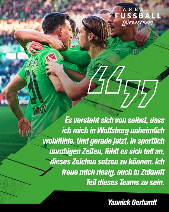 Eine Zitat-Grafik von VfL-Wolfsburg-Spieler Yannick Gerhardt, der auf dem Bild von seinen Teamkollegen umarmt wird.