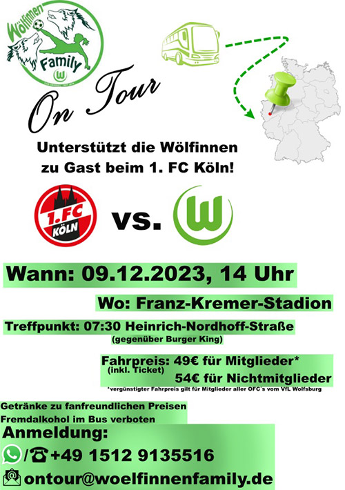 Eine VfL-Wolfsburg-Grafik zur Wölfinnen-Family-Auswährtsfahrt nach Köln.