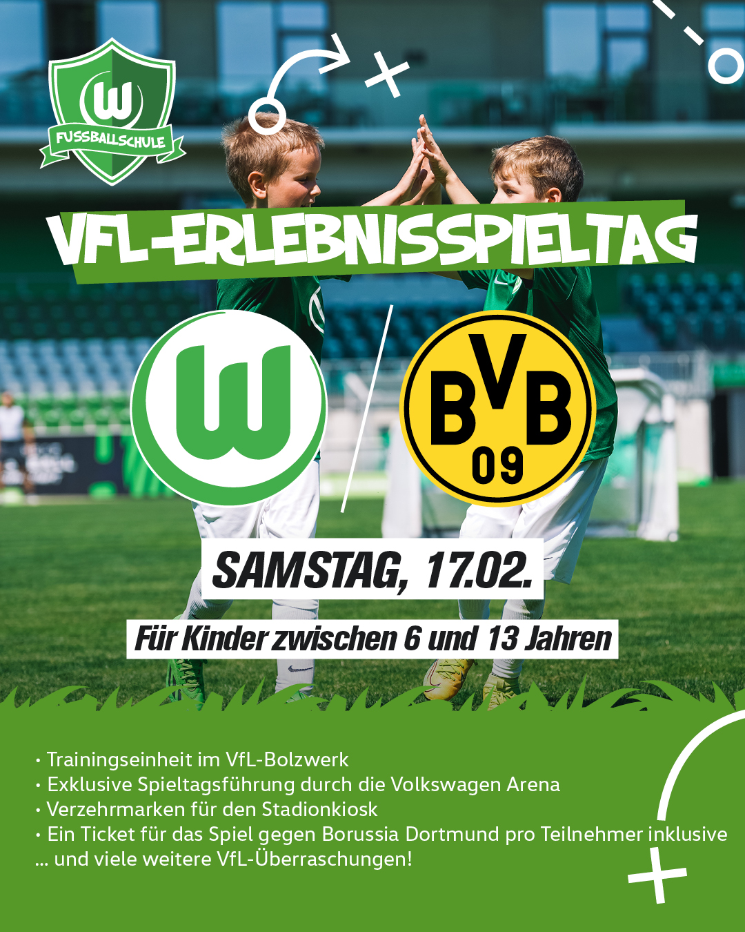 Eine VfL Wolfsburg Grafik zum Erlebnisspieltag zwischen dem VfL Wolfsburg und dem BVB Dortmund.