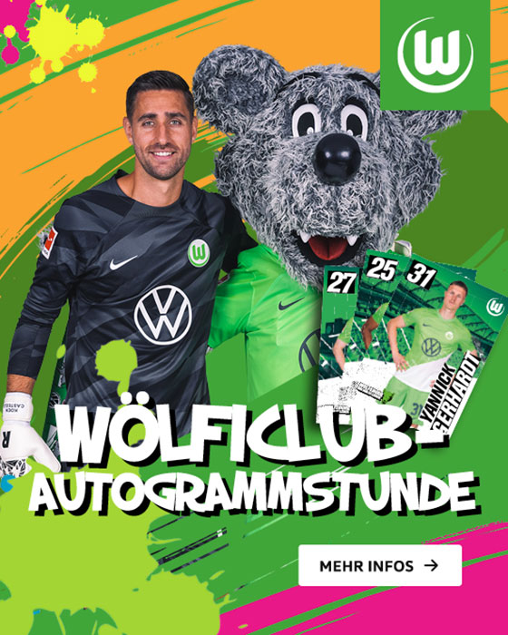 Eine VfL-Wolfsburg-Grafik mit Wölfi und Koen Casteels.