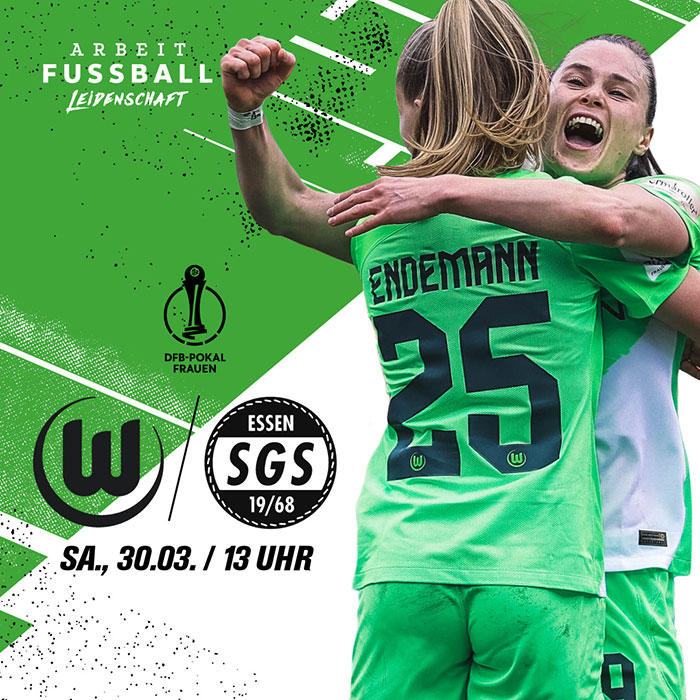 Ewa Pajor umarmt auf einer Spieltagsgrafik Vivien Endemann vom VfL Wolfsburg. Davor sind die Logos vom VfL Wolfsburg und vom SGS Essen zu sehen.