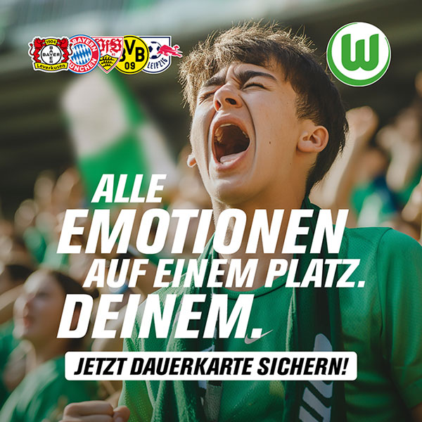 Werbegraphik zur Dauerkarten 24/25 der Wölfe mit dem Schriftzug "Alle Emotionen auf einem Platz. Deinem." und einem jubelnden Fan in der Volkswagen Arena. 
