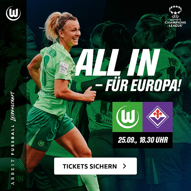 Eine Grafik mit Lena Lattwein, die den Kauf von Tickets für das Spiel Wolfsburg gegen Florenz bewirbt.