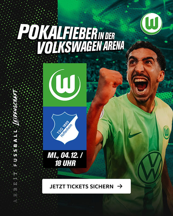 Eine VfL-Wolfsburg-Grafik zur Ticket-Bestellung mit Logos vom VfL und Hoffenheim und mit einem jubelnden Tiago Tomas.
