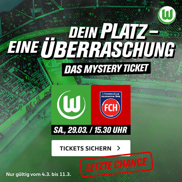 Werbegrafik zum Mystery Ticket mit einem Bild der Nordkurve im Hintergrund, den Logos vom VfL und Heidenheim, sowie Werbetext.