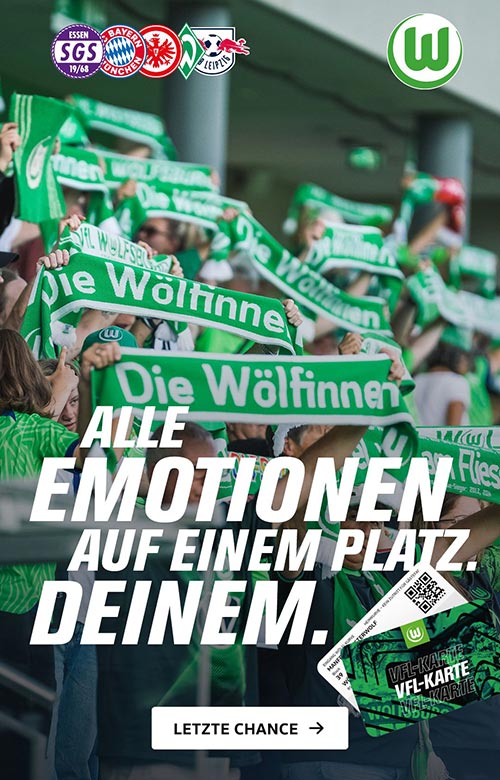 Eine Grafik zur Bewerbung der Frauen-Dauerkarte mit einem Bild aus dem Stadion. Die Fans halten viele Schals in die Luft, im Vordergrund steht der Text "Alle Emotionen auf einem Platz. Deinem." nebst einer Dauerkarte und dem Vereinslogo.