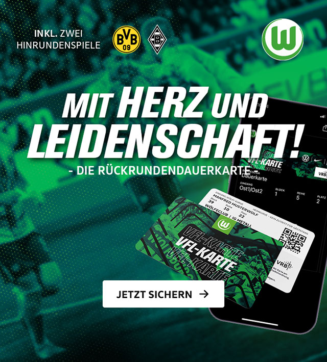 Grafik zur Bewerbung der Rückrunden Dauerkarte mit grünem Hintergrund, einem Bild der aktuellen Dauerkarte und dem Text "Mit Herz und Leidenschaft".