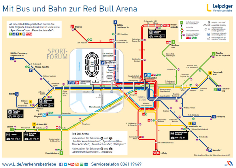 Eine Anfahrtsskizze mit Bus und Bahn zur RedBull Arena.