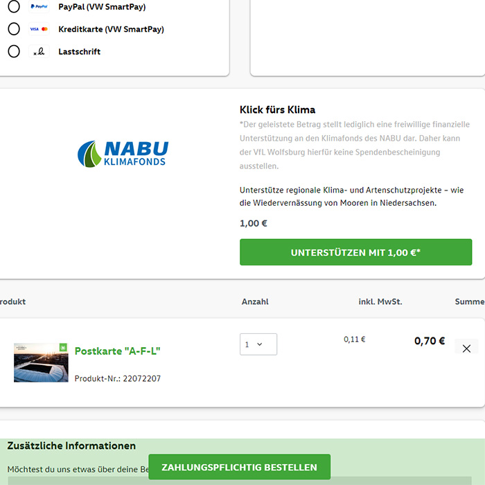 Ansicht eines Betellvorgangs im Wölfeshop des VfL-Wolfsburg