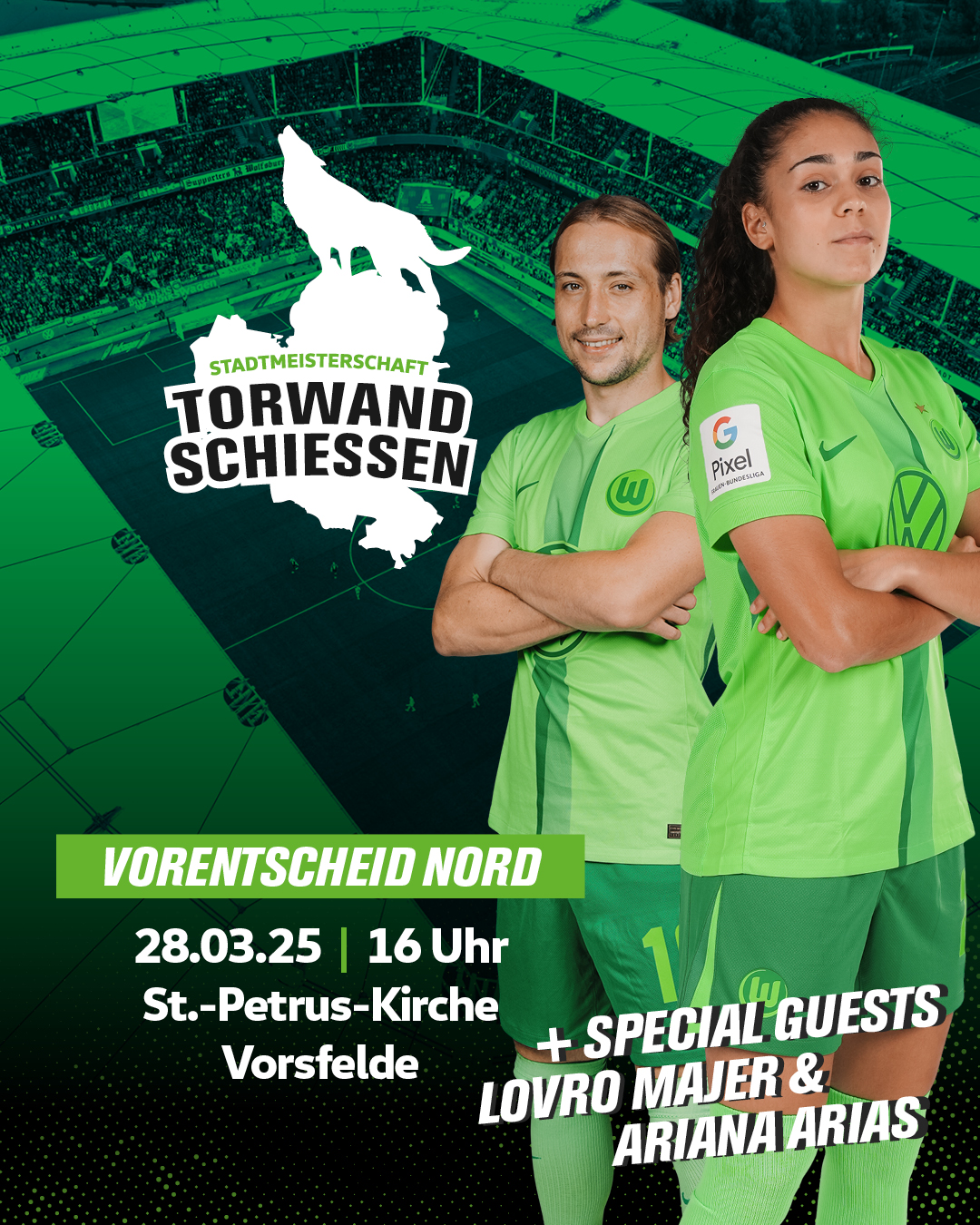 Grafik zur Stadtmeisterschaft Torwandschießen mit Lovro Majer und Ariana Arias.