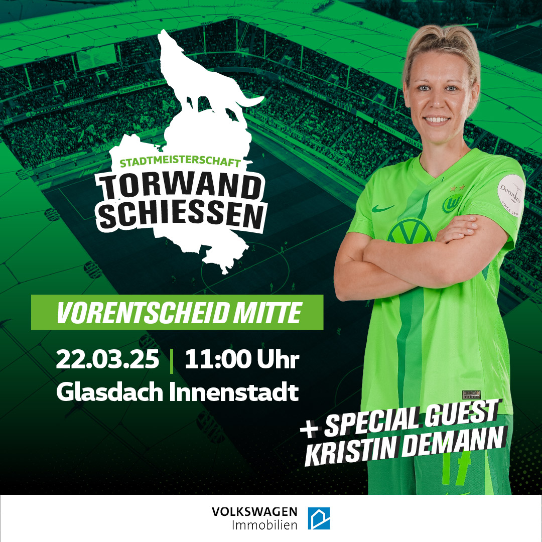 Eine Grafik des VfL Wolfsburg zur Stadtmeisterschaft im Torwand-Schießen. Im Hintergrund die Volkswagen Arena von oben, neben dem Schriftzug VfL-Wolfsburg-Spielerin Kristin Demann.